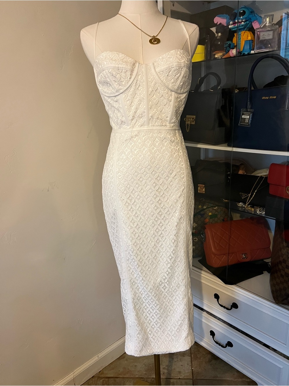 Bardot White Strapless Lace Midi Dress with Corset Detailing